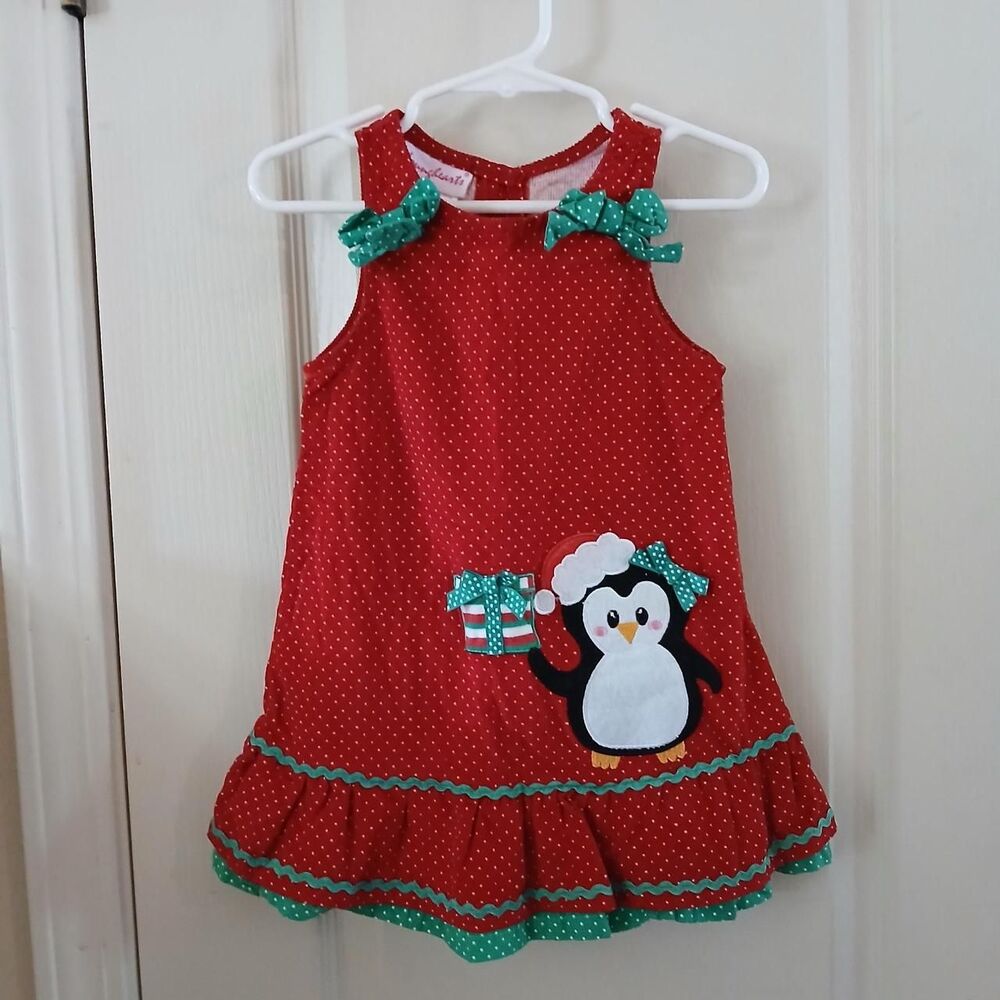 Vintage 90s Youngland Polka Dot Kids Christmas Penguin Dress Size 2T Holidays